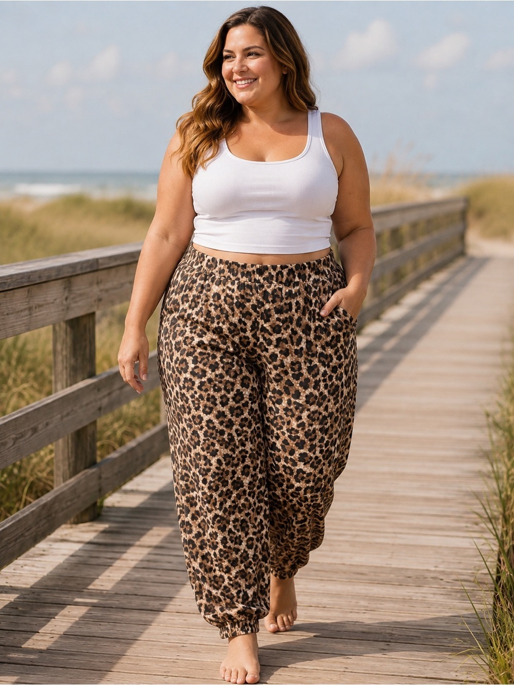 Zenana Leopard Print Side Slit Joggers 3X NWOT Beach Cover Up Lounge Pants Plus